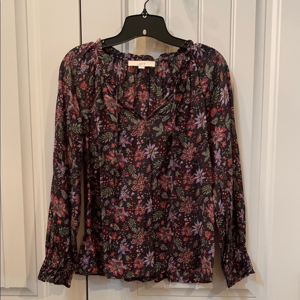 LOFT Floral Smocked Peasant Blouse with Cuffed Sleeves